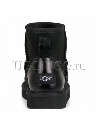 Черные угги мини с кожаным задником UGG Classic Mini II Metallic Black