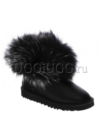 Женские угги с мехом лисы чернобурки черные обливные UGG fox fur metallic black